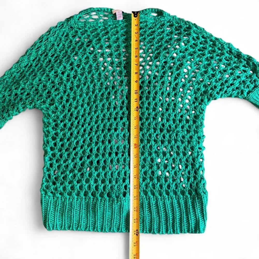 Chico's Open Knit Crochet Sweater Green Linen Blend Mesh Net Pullover Size 1 M/L